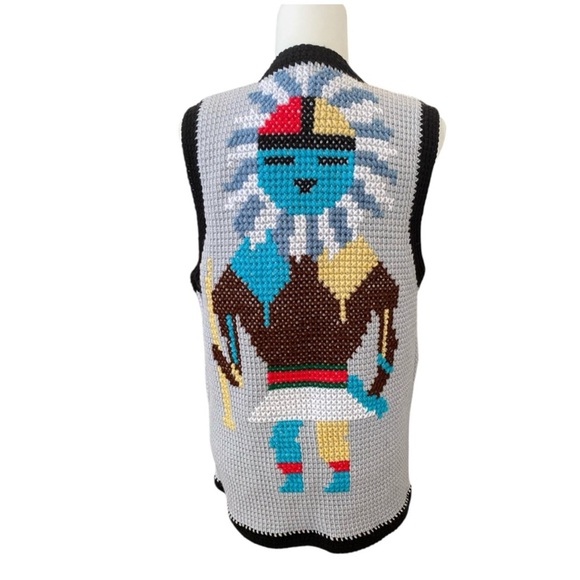 Handmade Vintage Crochet Native American Print Vest Kachina Thunderbird XL - Picture 5 of 7